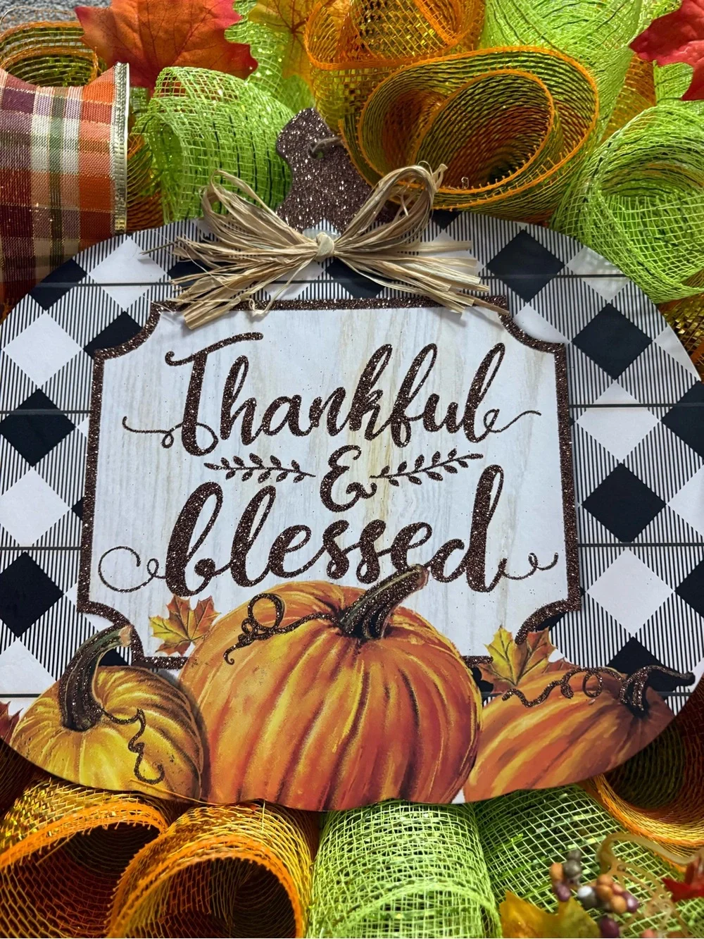 Hand Crafted Thankful & Blessed Wreath - Orange, Green